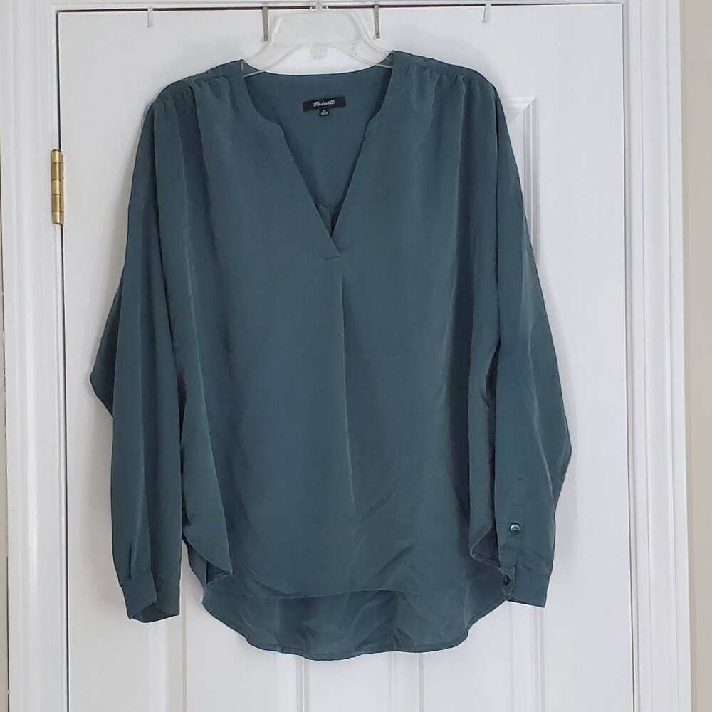 Madewell V Neck Popover Top Button Close Long Sleeve Blouse